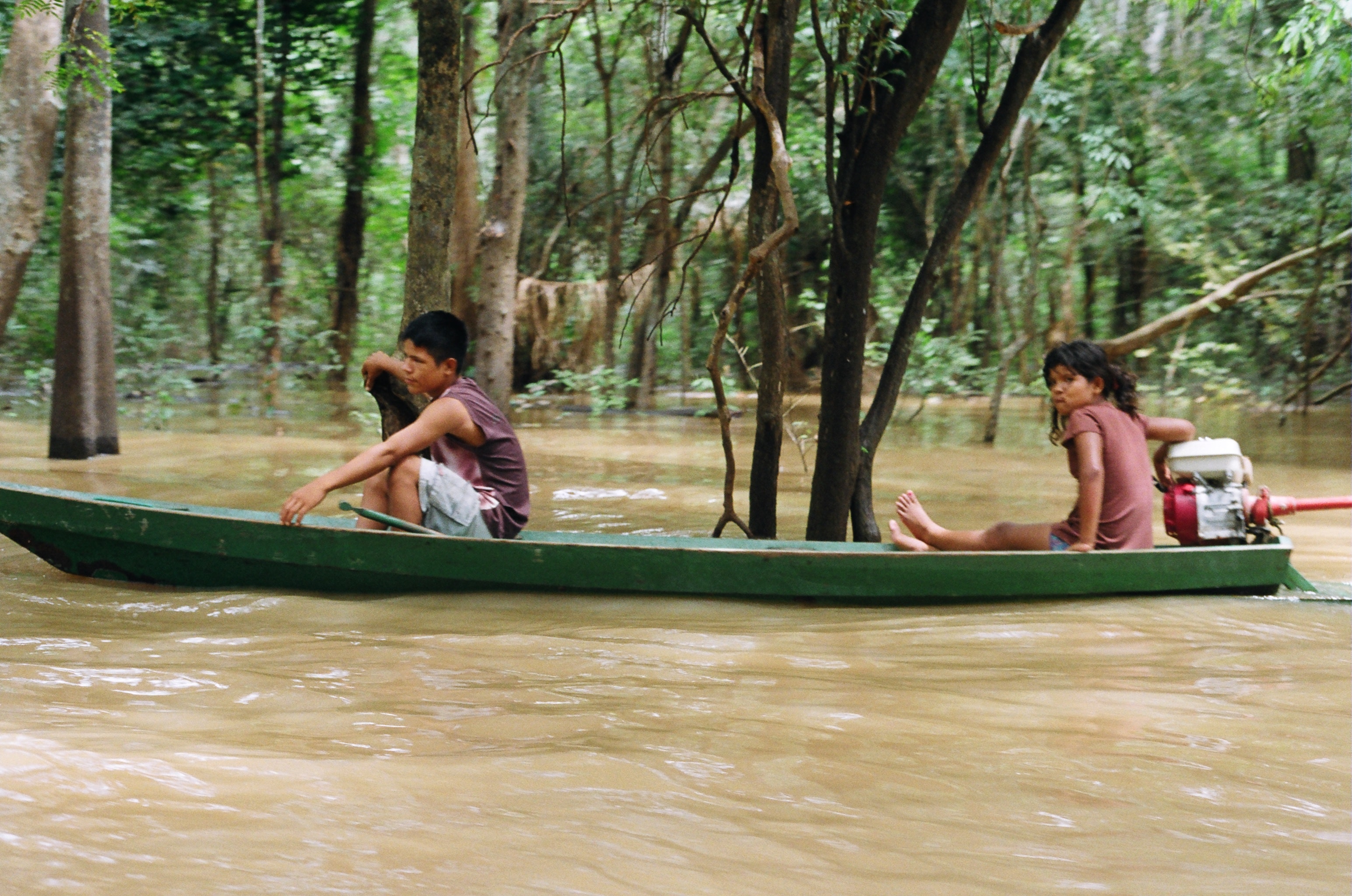 Niños en una embarcación en un bosque inundado